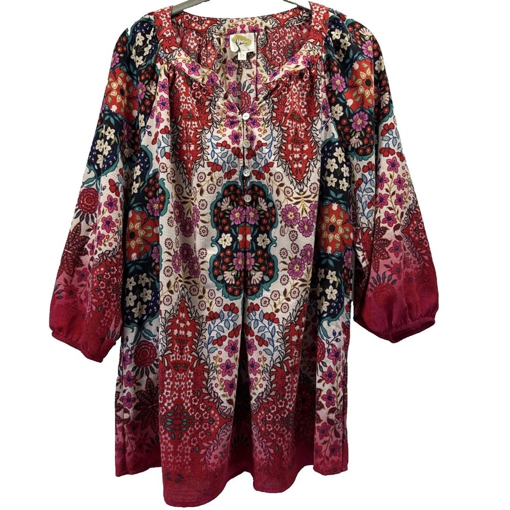 Fig and Flower Womens Top Plus 1X Colorful Tunic Semi Sheer Puff Sleeve Bohemian